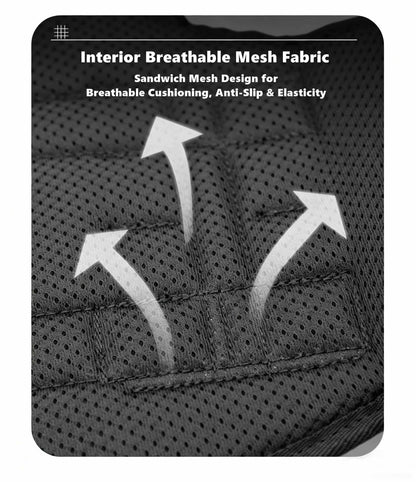 Black breathable mesh fabric of a dog harness with arrows indicating design features
