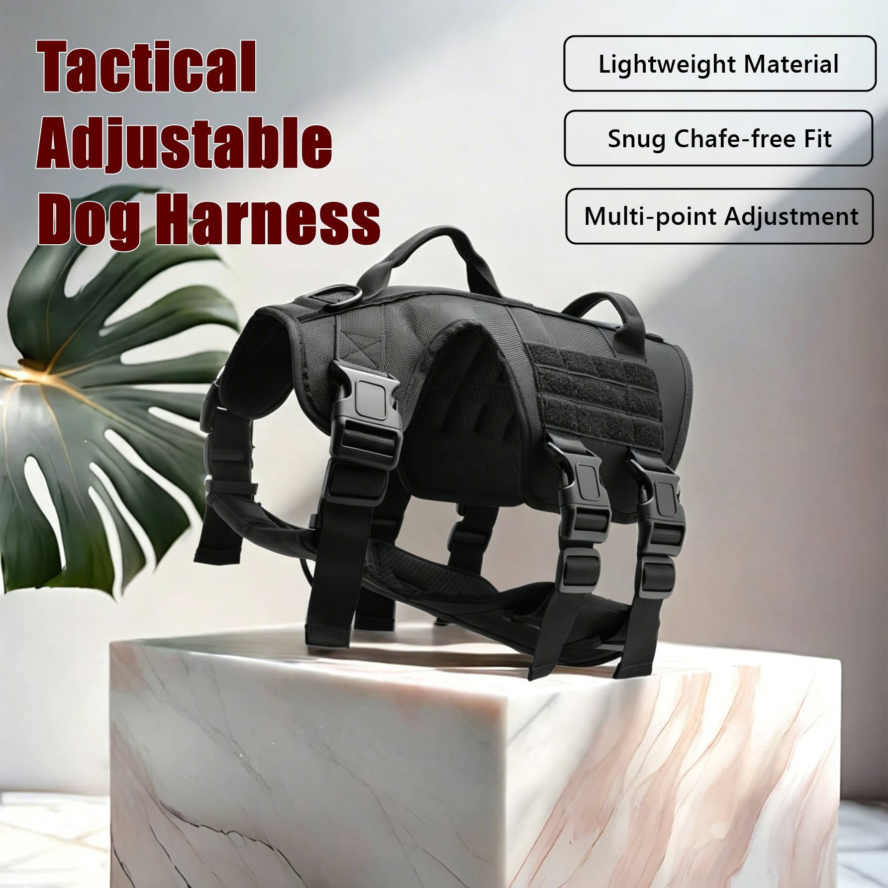 Tactical adjustable dog harness on a marble surface with text highlighting features.