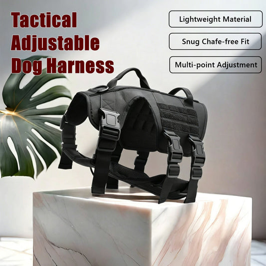 Tactical adjustable dog harness on a marble surface with text highlighting features.