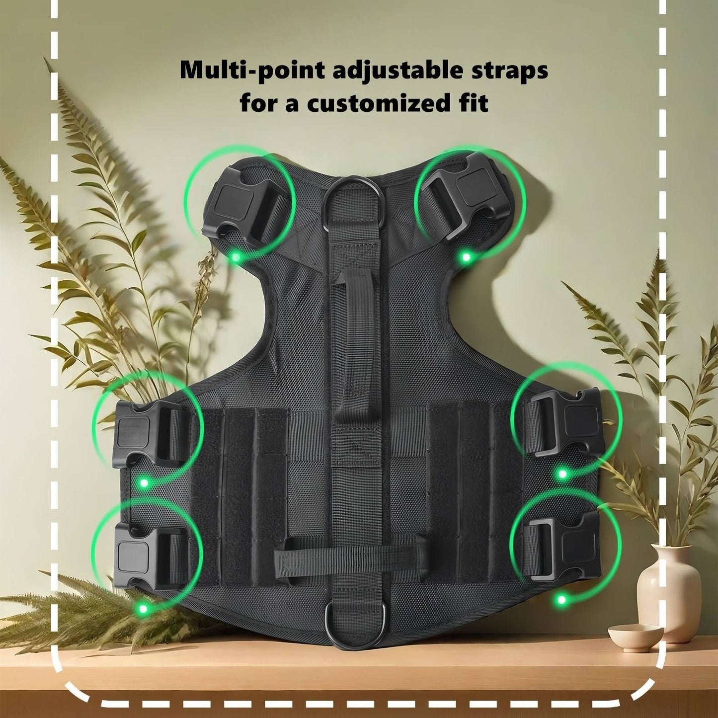 Black tactical vest with multi-point adjustable straps on a neutral background