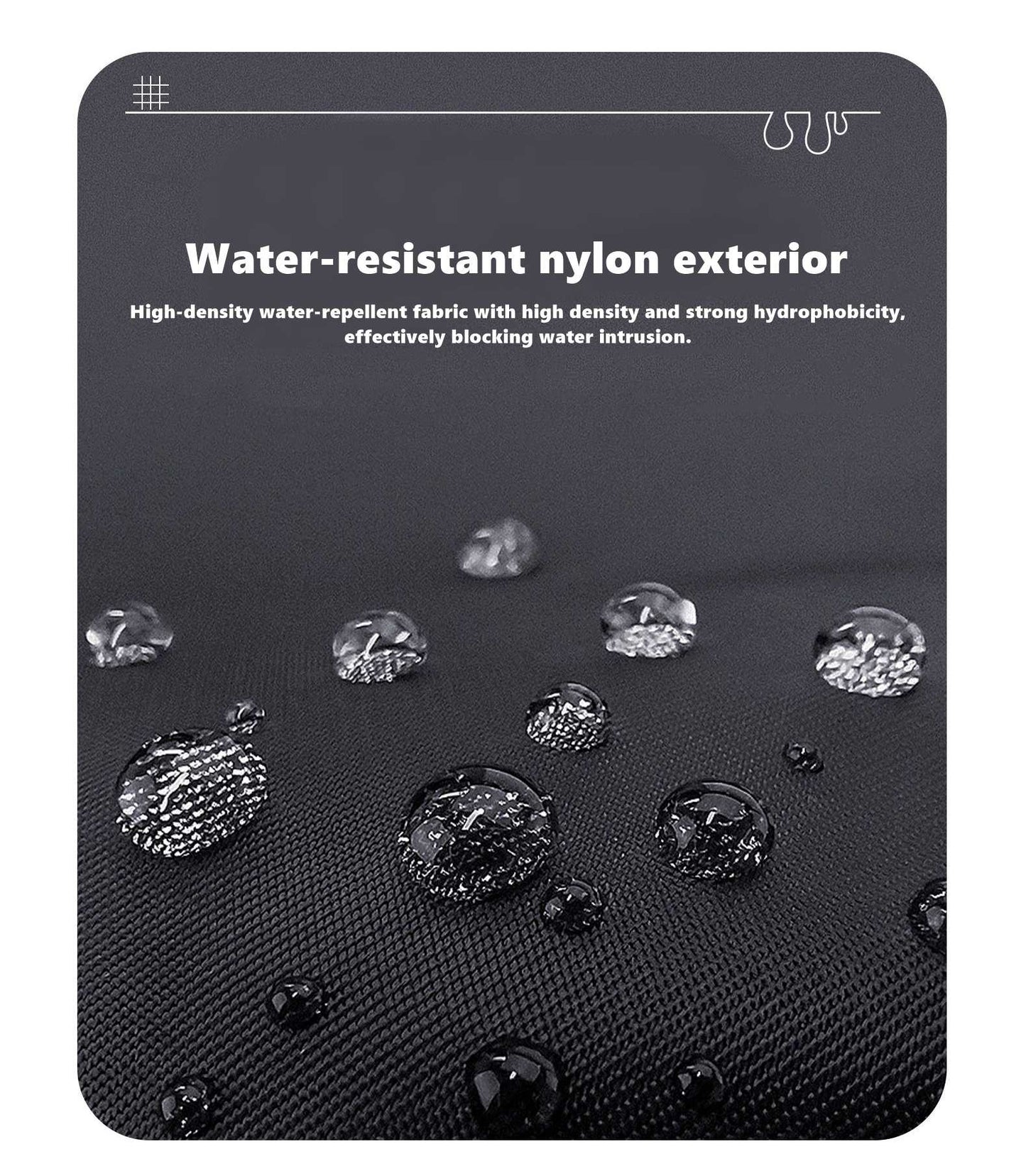 fabric of a dog harness with water droplets demonstrating water-resistant nylon exterior.
