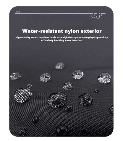 fabric of a dog harness with water droplets demonstrating water-resistant nylon exterior.