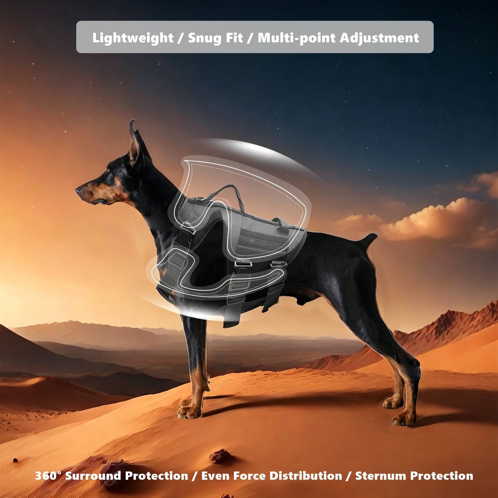 Dog wearing a harness with desert landscape background