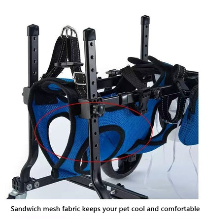 Blue pet wheelchair with black metal frame on a white background